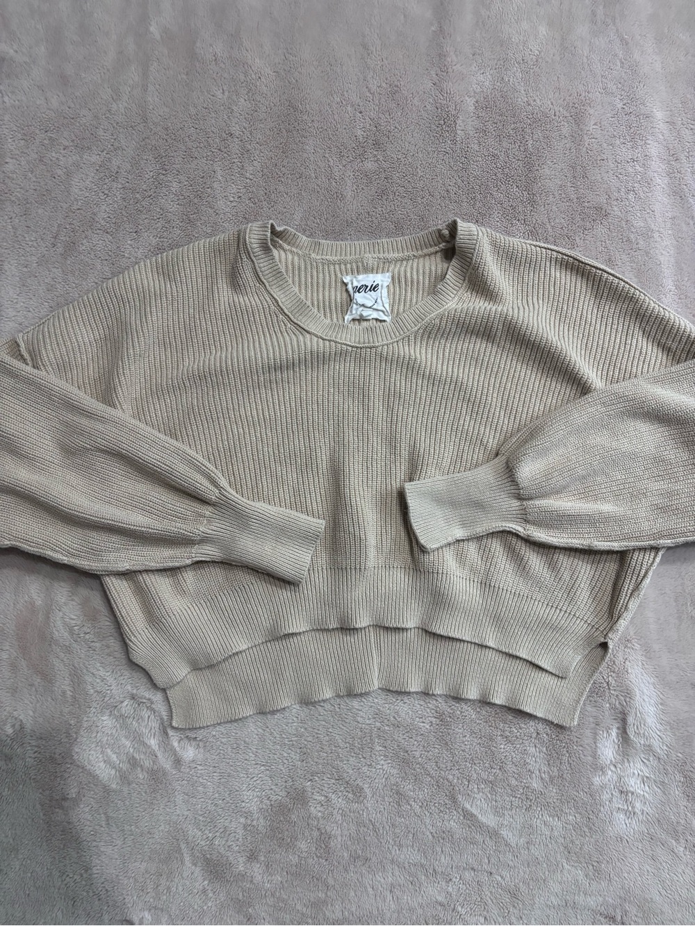 aerie Cropped Crewneck Sweater in Light Taupe